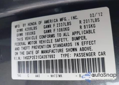 2012 Honda Accord 2.4 Lx from USA, damaged, VIN 1HGCP2E31CA097992
